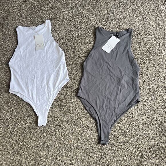 Zara Bodysuit Sleeveless Stretch 2 Lots White Gray Closet Staple Basic M New - Picture 1 of 4